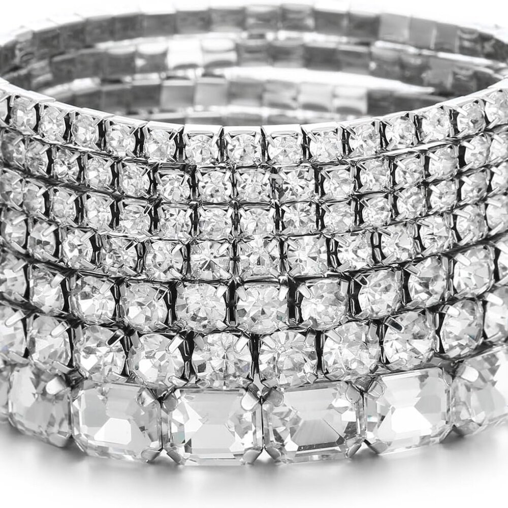 7 PCS Crystal Stretch Bracelets for Women, Bridal Wedding Stackable Layered Rhin